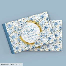 Livro De Visitas Romântico Boho Azul Pastel Dourado Flores Silvestr