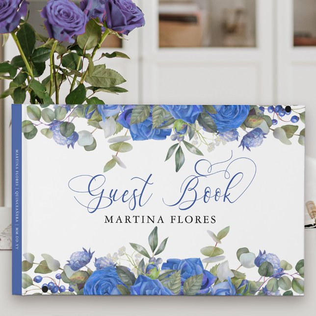 Livro De Visitas Rosa azul e Eucalyptus Elegant Floral (Blue floral Guest Book with elegant calligraphy. Lovely keepsake .. easy to customize for any event.)