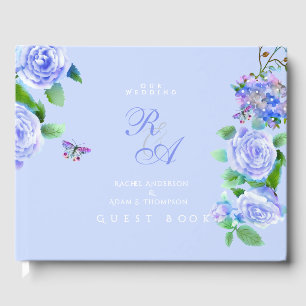 Livro De Visitas Rosa Azul Monograma de Fita Casamento