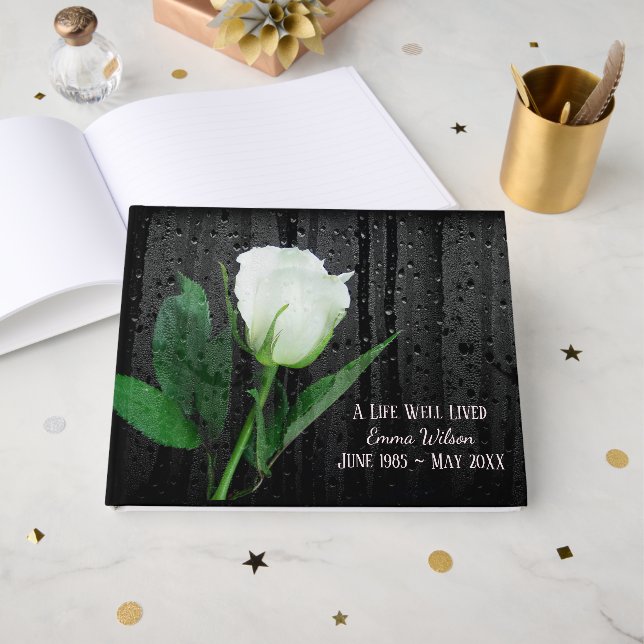 Livro De Visitas Rosa Branca Com Gotículas de Chuva (Frente aberta)
