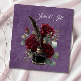 Livro De Visitas Rosa Burgundy Vintage e Tinteiro com Flores