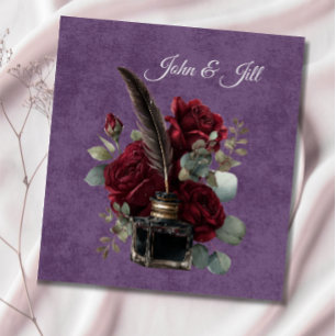 Livro De Visitas Rosa Burgundy Vintage e Tinteiro com Flores
