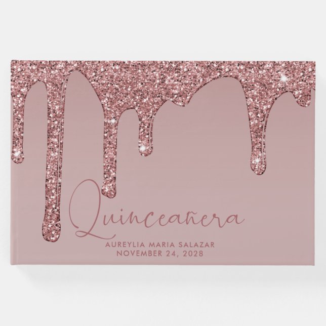 Livro De Visitas Rosa de luxo - Glitter Dourado Coloca Quinceanera  (Frente)