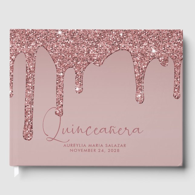 Livro De Visitas Rosa de luxo - Glitter Dourado Coloca Quinceanera  (Frente)