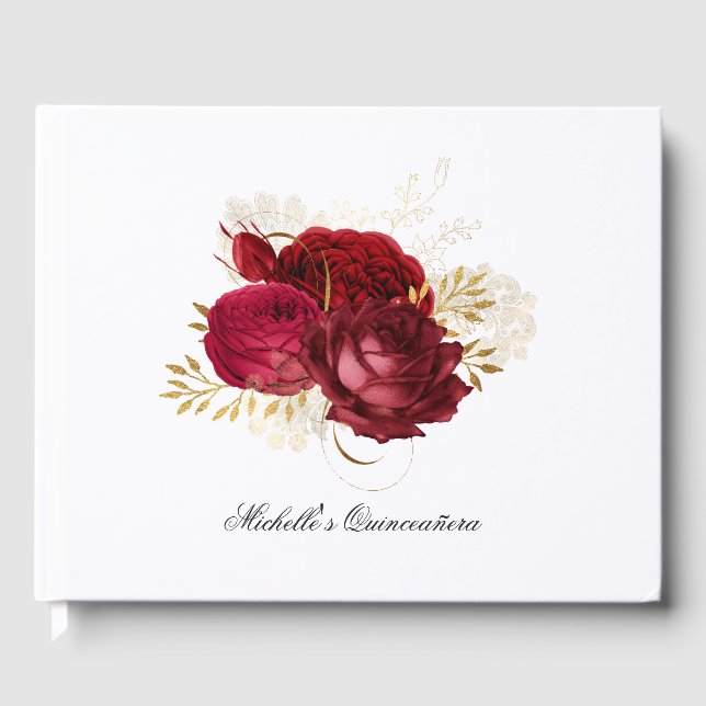 Livro De Visitas Rosa de Quinceañera, vermelho e Dourado (Frente)