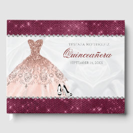 Livro De Visitas Rosa Dourada Burgundy Sparkle Glam Quinceañera