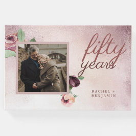 Livro De Visitas rosa Dourada Floral de 50 anos de casamento