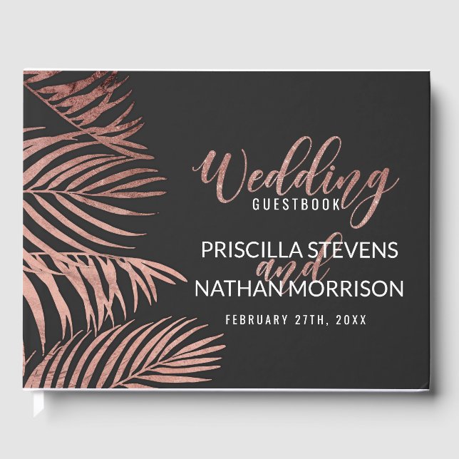 Livro De Visitas Rosa Dourado Palm Tree Fronds Black Modern Wedds (Frente)