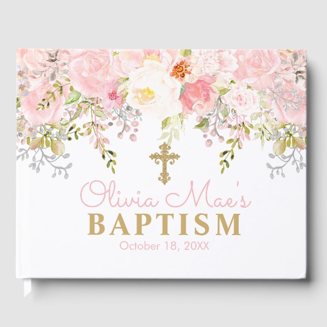 Livro De Visitas Rosa Garden Girl Pink & Dourado Baptism (Frente)