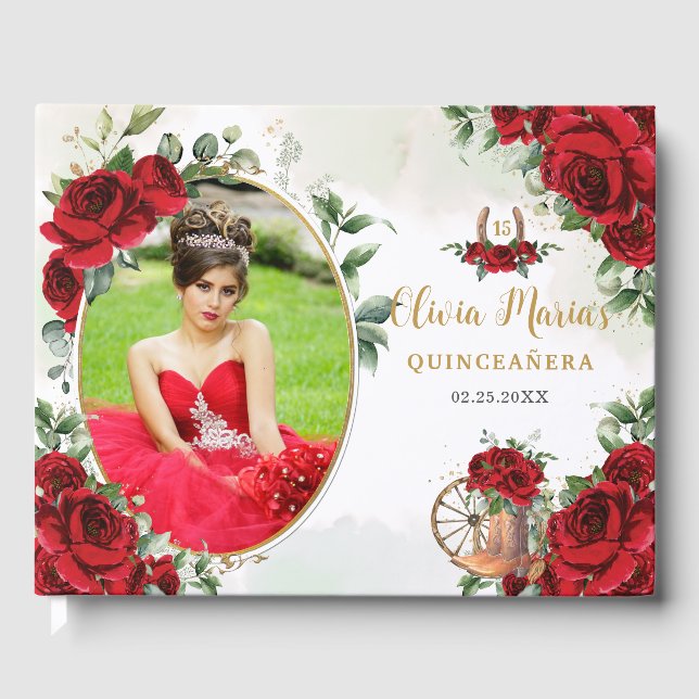 Livro De Visitas Rosa vermelha Floral Charro Boots Quinceanera Foto (Frente)
