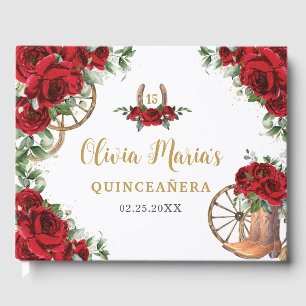 Livro De Visitas Rosa vermelha Floral Charro Cowboy Boots Quinceane