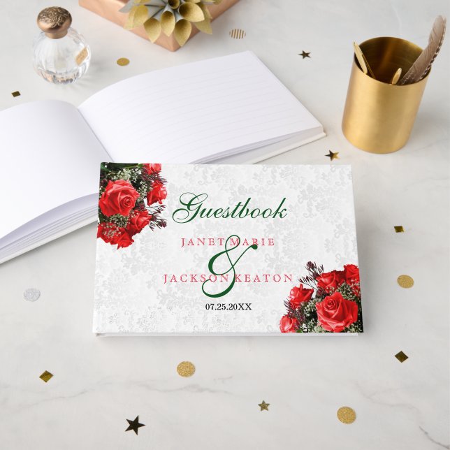 Livro De Visitas Rosa vermelha Floral Weding - Guestbook (Frente aberta)