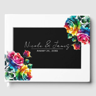 Livro De Visitas Rosas Arco-íris Preto e Branco Casamento Floral Vi
