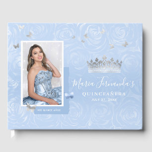 Livro De Visitas Rosas Azuis Bebê Luz Prata Foto Quinceanera