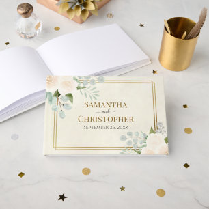 Livro De Visitas Rosas Brancas Rústicas e Casamento Elegante Eucal