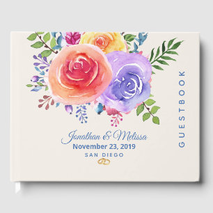 Livro De Visitas Rosas Coloridos Casamento Floral de Aquarela