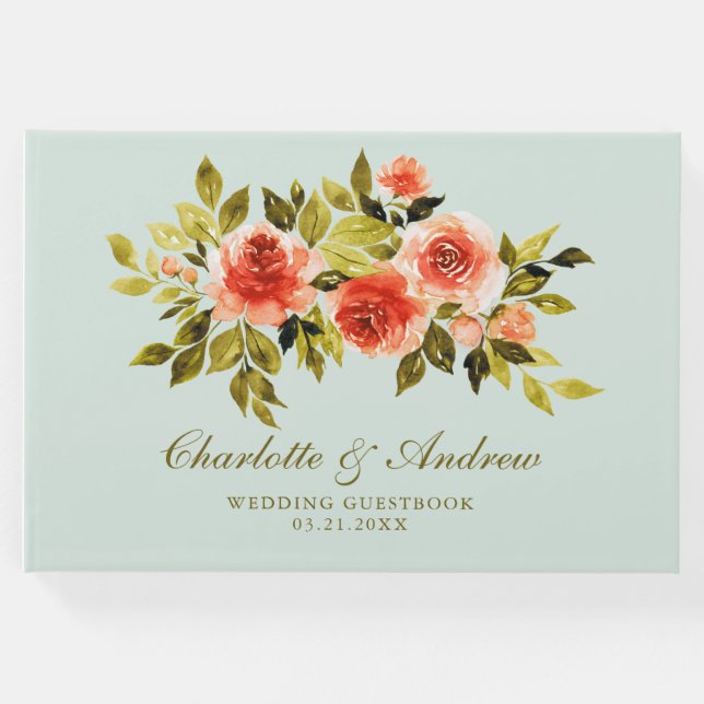 Livro De Visitas Rosas de Aquarela Elegante Casamento Verde (Frente)