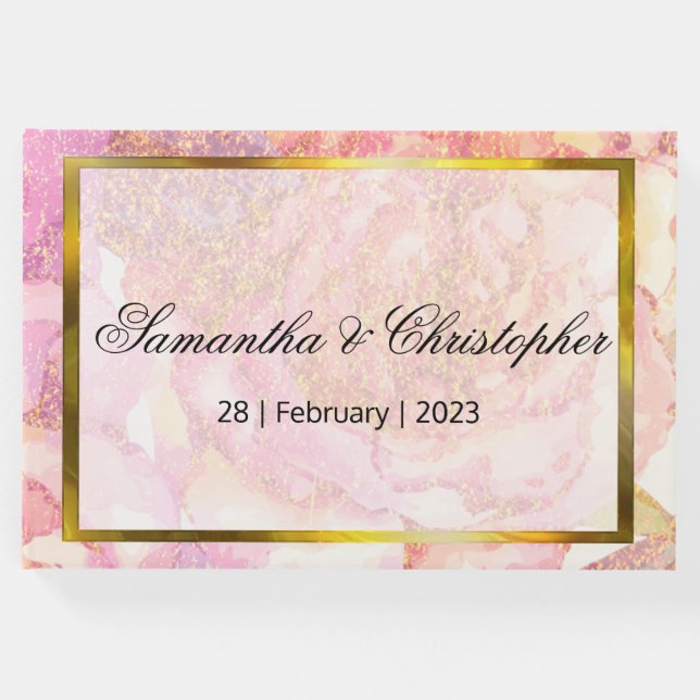Livro De Visitas Rosas de Aquarela Rosa e Casamento Dourado (Frente)
