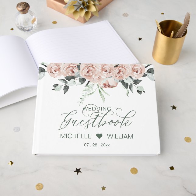 Livro De Visitas Rosas Empoeiradas Eucalipto Elegante Casamento Scr (Frente aberta)