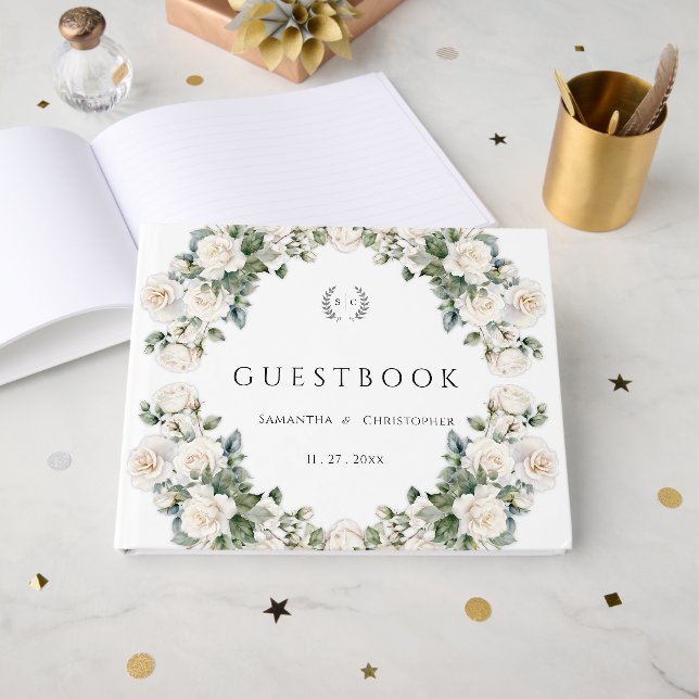 Livro De Visitas Rosas Eternos Casamento Floral Verde Elegante (Frente aberta)