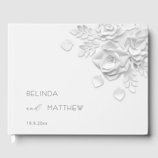 Livro De Visitas Rosas Florais 3D Brancas | Casamento (Frente)