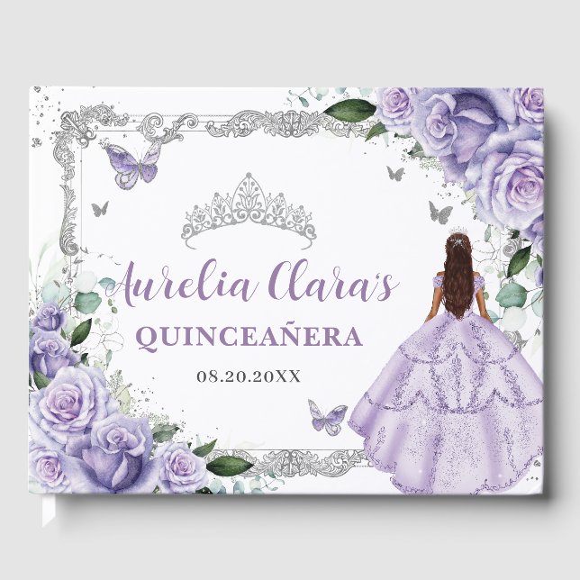 Livro De Visitas Rosas Lilás Roxos Borboletas Florais Quinceañera (Frente)