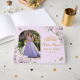 Livro De Visitas Rosas Lilases Roxos Quinceañera Dourada Floral
