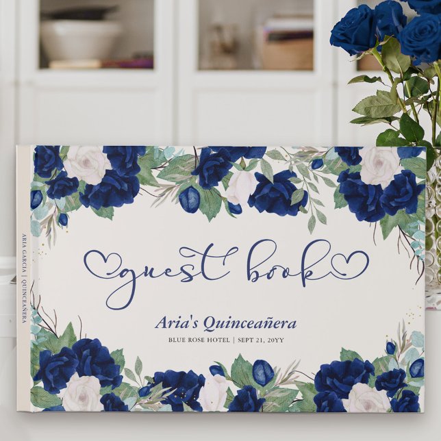 Livro De Visitas Rosas reais em azul com caligrafia elegante (Floral Guest Book with sweet calligraphy to personalize for Quinceanera or other special event)