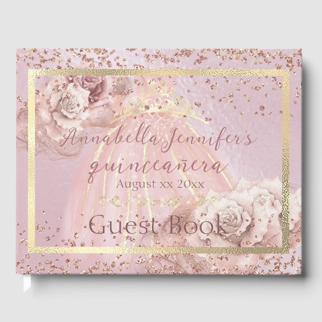 Livro De Visitas Rosas Rosa Esbranquiçadas e Quinceañera Dourada (Frente)