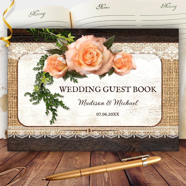 Livro De Visitas Rosas Rústicos de Madeira Casamento Romântico (Elegant rustic wedding guest book with roses on lace and burlap. Beautiful for a country wedding)