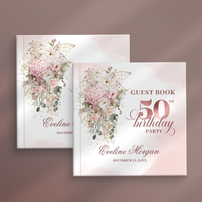 Livro De Visitas Rose Gold Blush Floral 50th Birthday Guest Book (Rose gold floral 50th birthday,
dusty pink blush gold glitter,
opulent Soft pastel   pink flowers, 
)