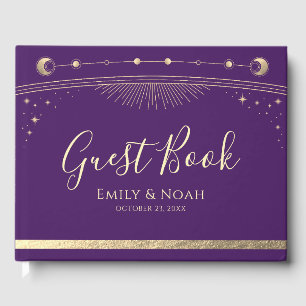 Livro De Visitas Roxo Místico Dourado Sol Lua Estrelas Casamento