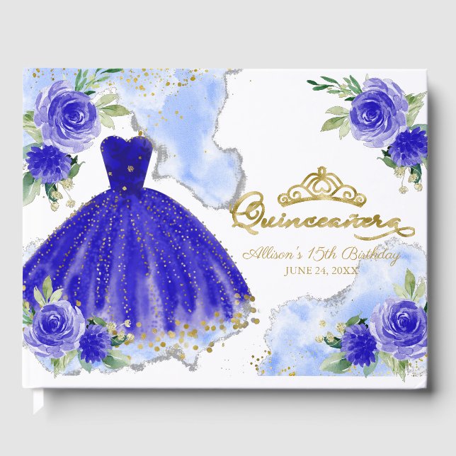 Livro De Visitas Royal Blue Gown Floral Quinceanera (Frente)