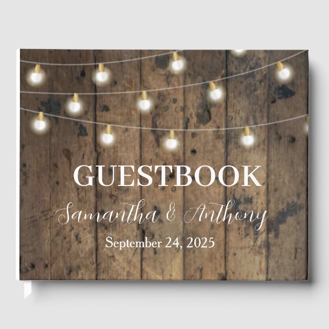 Livro De Visitas Rust Wood String Light Script Weds (Frente)