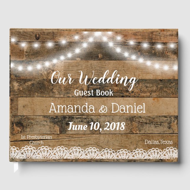 Livro De Visitas Rustic Barn Wood Lights Lace Casamento (Frente)