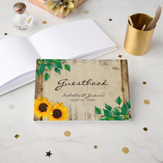 Livro De Visitas Rustic Barn Wood Sunflower Wedding Guestbook (Frente aberta)