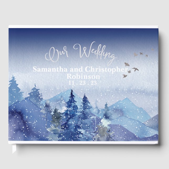 Livro De Visitas Rustic Blue Misty Pine Forest Nosso Casamento (Frente)