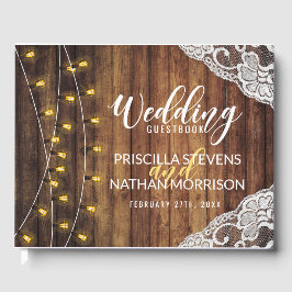 Livro De Visitas Rustic Country String Lights Wood Lace Casamento