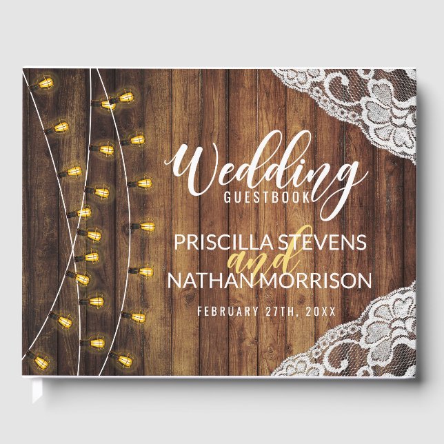 Livro De Visitas Rustic Country String Lights Wood Lace Casamento (Frente)