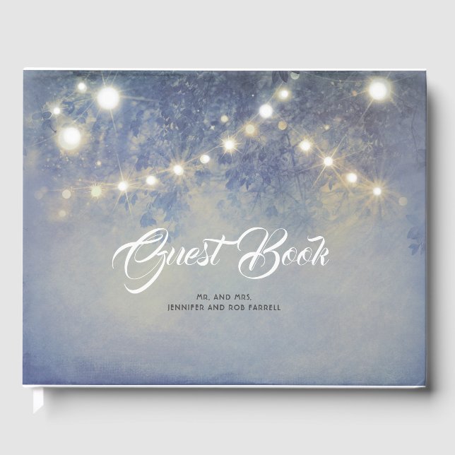 Livro De Visitas Rustic Country String Luzes Azul Dusty Casamento (Frente)