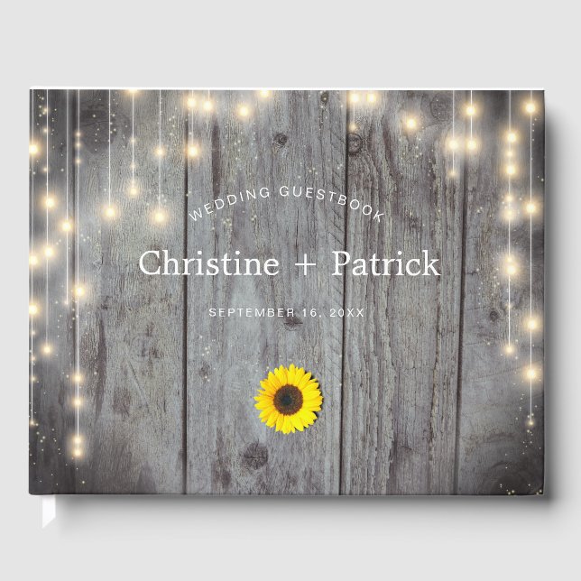 Livro De Visitas Rustic Lights Wood Sunflower Casamento (Frente)