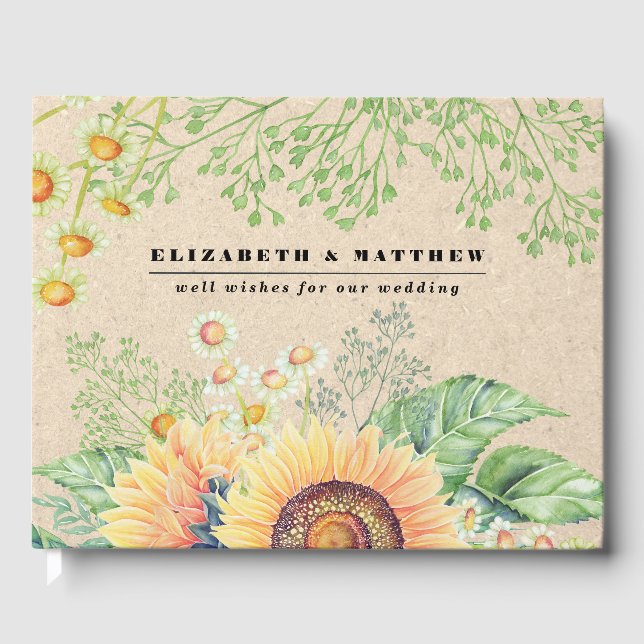 Livro De Visitas Rustic Sunflower Kraft Paper Casamento (Frente)