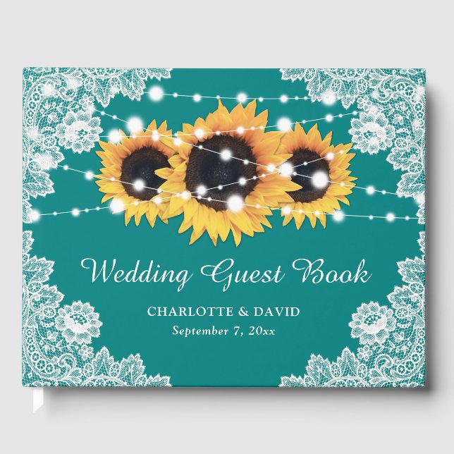 Livro De Visitas Rustic Teal Lace Sunflower Wedflower Book (Frente)