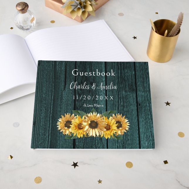 Livro De Visitas Rustic Teal Sunflower Weding Guest Book (Frente aberta)
