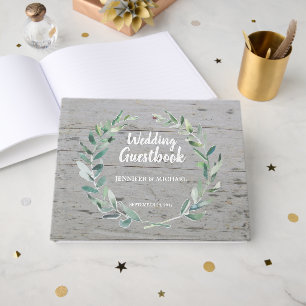 Livro De Visitas Rustic Watercolor Olive Folha de Madeira Casamento