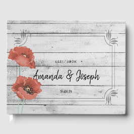 Livro De Visitas Rustic White Wood Poppy Flowers Casamento Guestboo