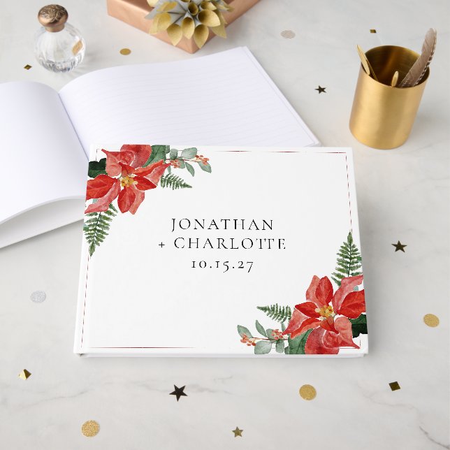 Livro De Visitas Rustic Winter Poinsettia Red Christmas Wedding (Frente aberta)