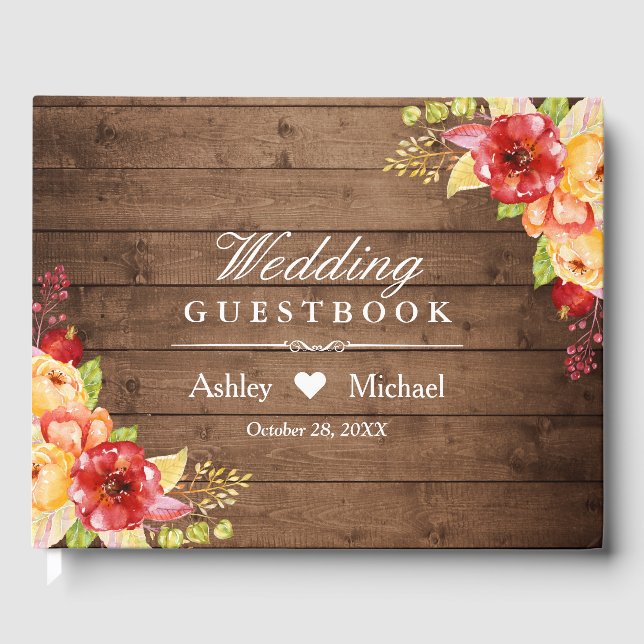 Livro De Visitas Rustic Wood Autumn Deixa Casamento Floral (Frente)