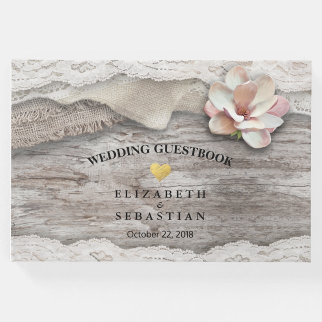 Livro De Visitas Rustic Wood Burlap Lace Floral Weding Guestbook (Frente)