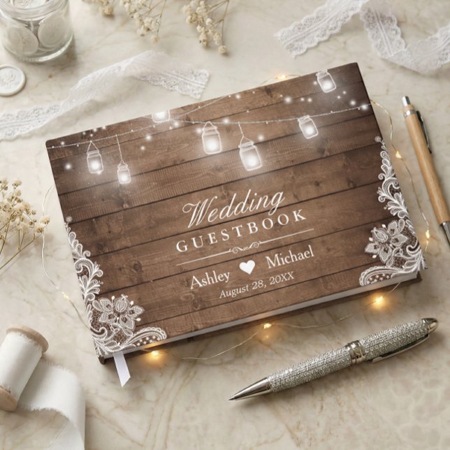 Livro De Visitas Rustic Wood Mason Jar String Luzes Lace Casamento (Criador carregado)